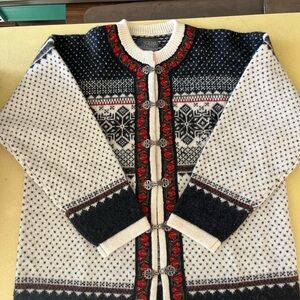 Black and White Nordic Cardigan Sweater with Geometric Patterns